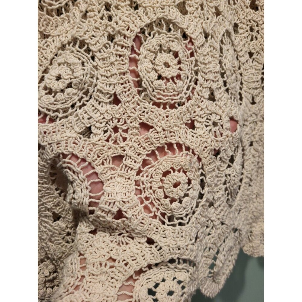 Solitaire Beige Open Knit Short Puff Sleeve Cottagecore Top Sz M - Picture 5 of 9